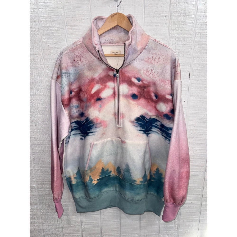 Pilcro Quarter Zip Sweatshirt Women Pink Combo Landscape Watercolor Small NWT